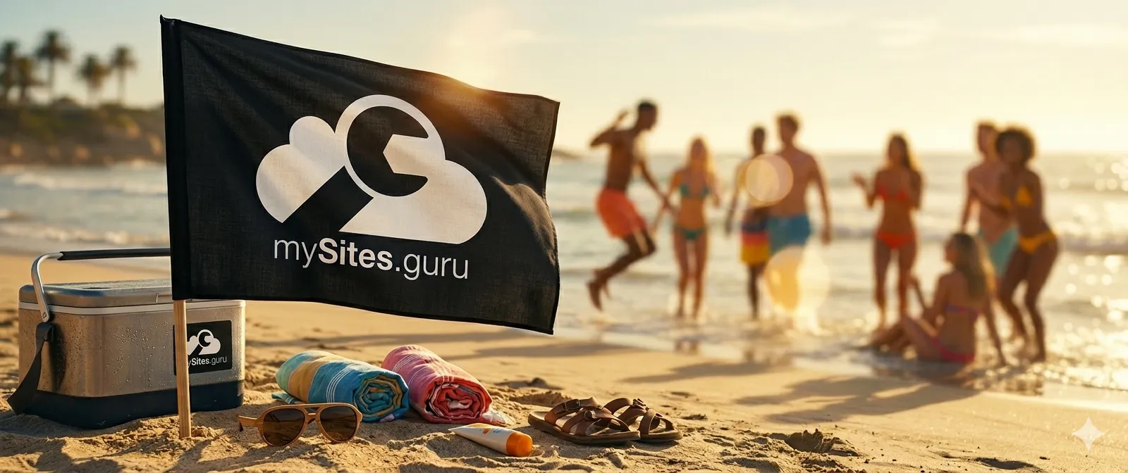 mySites.guru branded flag on a sunny beach while people enjoy their free time